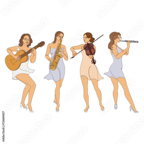 Collection. Silhouette of woman with guitar, violin, saxophone flute in modern continuous line style. Beautiful girl. Aesthetic decor sketches, posters, stickers, logo. Set of vector illustrations.