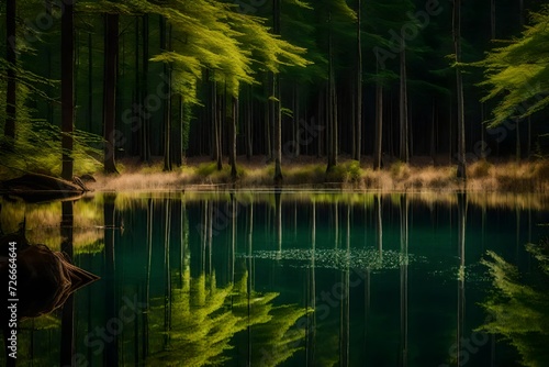A quiet forest pond surrounded by tall trees, reflecting the beautiful patterns of the surrounding woodland in the calm water.