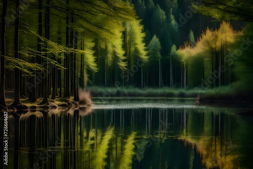 A tranquil forest pond surrounded by tall trees, reflecting the pleasant patterns of the surrounding woodland in the calm water.