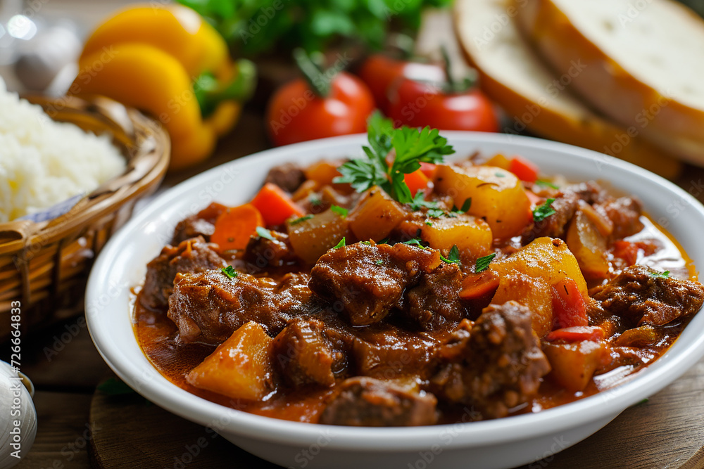 traditional beef dish goulash, beside the plate there is white bread, photo for the restaurant menu, healthy eating traditional beef dish goulash, beside the plate there is white bread, photo for the restaurant menu, healthy eating