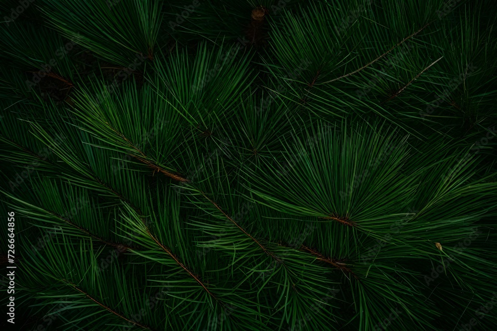 Close-up of pine needles covering the forest floor, making a complex and scented pattern amid the trees' shadowed understory. 