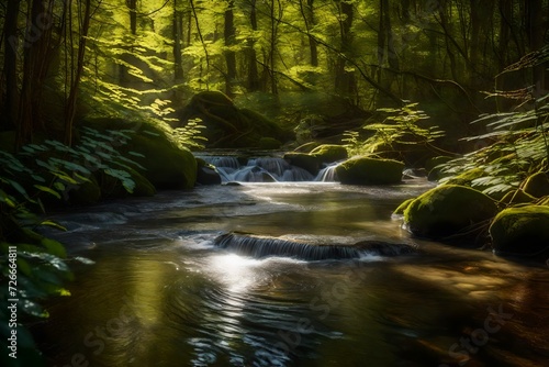 A serene forest stream  with sunlight pouring through the vegetation  creating a natural and relaxing pattern on the water s surface.