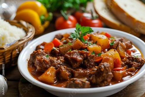 traditional beef dish goulash, beside the plate there is white bread, photo for the restaurant menu, healthy eating