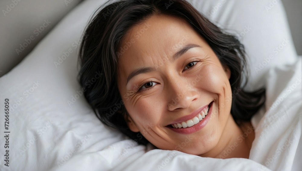 Close-up of a middle-aged Asian woman smiling warmly in bed, her dark hair and youthful complexion convey a sense of comfort and relaxation. Close-up of a middle-aged Asian woman smiling warmly in bed, her dark hair and youthful complexion convey a sense of comfort and relaxation.