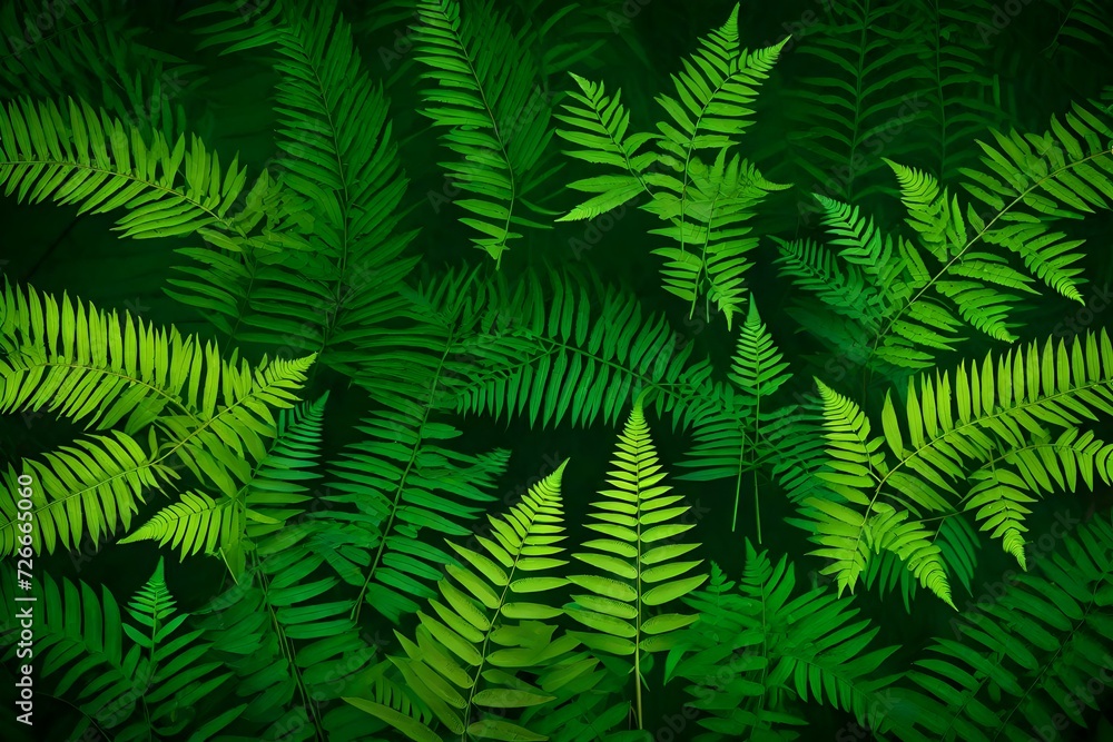 A symmetrical arrangement of ferns in a sheltered glade, providing a visually appealing and harmonious pattern in the center of the forest. 
