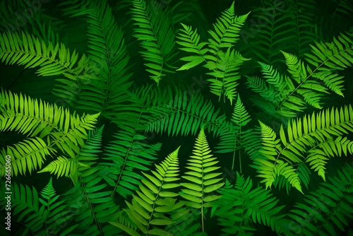 A symmetrical arrangement of ferns in a sheltered glade  providing a visually appealing and harmonious pattern in the center of the forest. 