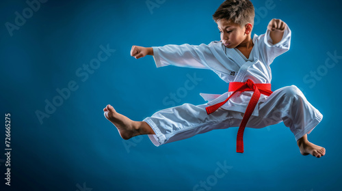 young child in a karate uniform with a red belt is performing a high kick against a blue background photo