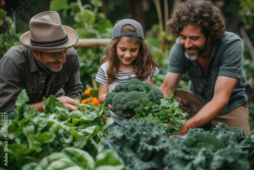 Child with her two LGBT fathers in the midst of their lush backyard garden, gathering vegetables, symbolizing a commitment to sustainability and the nurturing environment of diverse families