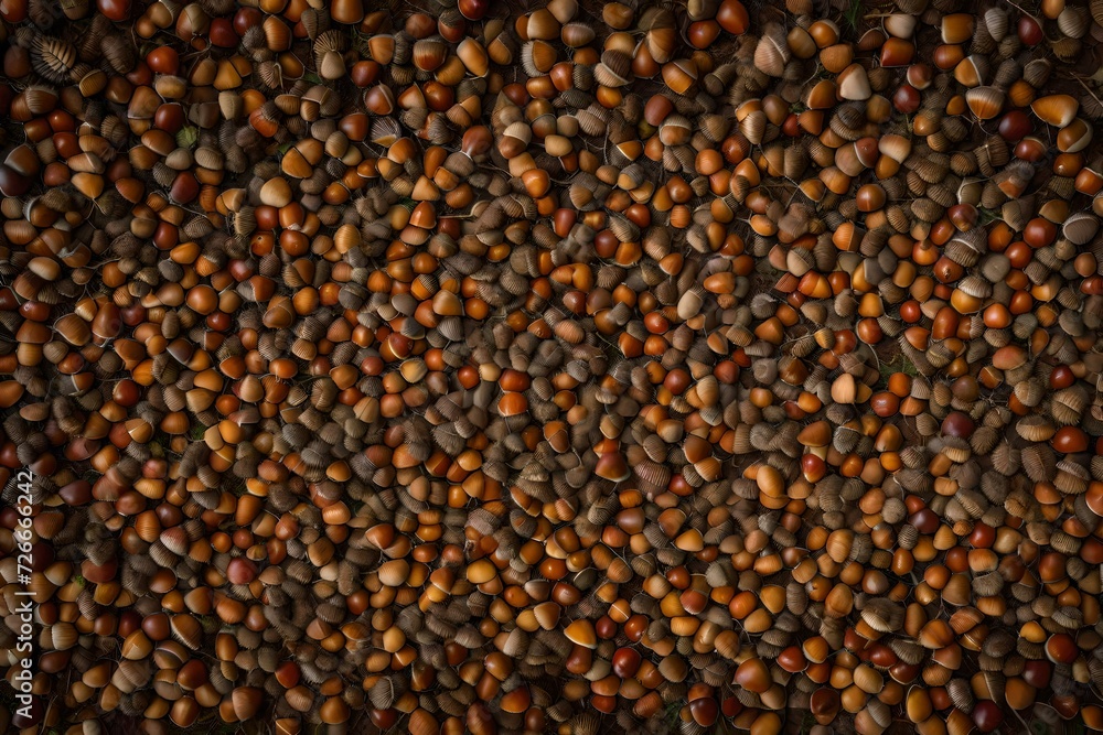 A carpet of fallen acorns among the leaves, producing a rich and earthy pattern on the woodland floor beneath the tree canopy.