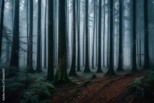 A repetition of tree trunks in a misty forest, providing a sense of depth and mystery in the evocative woodland picture.