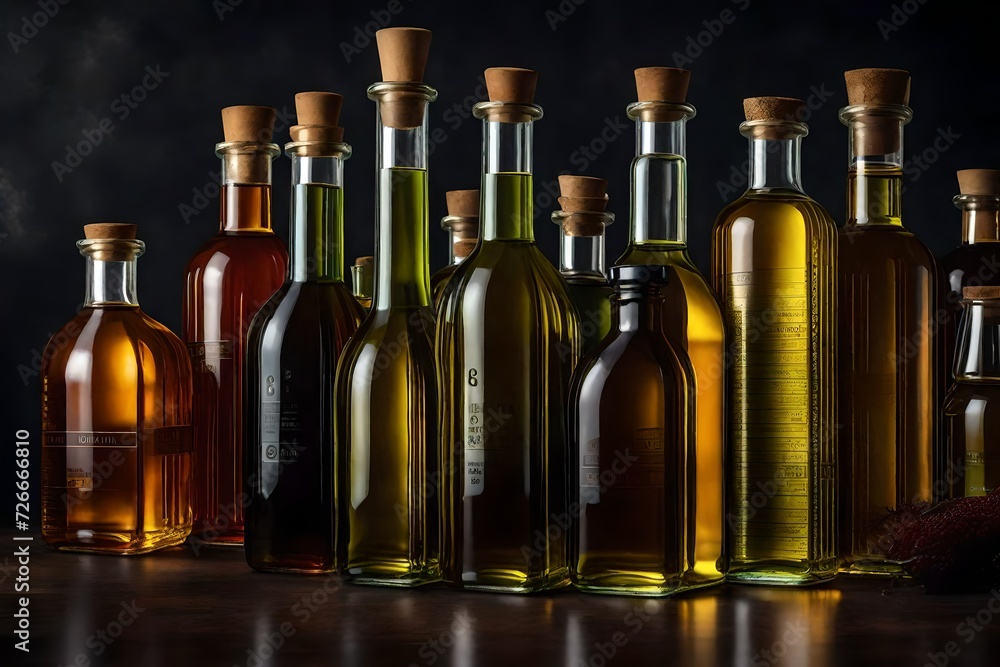 The rich texture of oil bottles standing on a kitchen counter with colorful labels