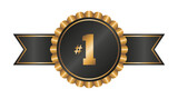 Gold and black medal badge with ribbon and number 1. Vector and PNG on transparent background.