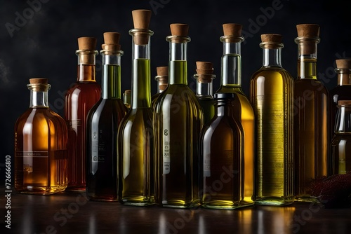 The rich texture of oil bottles standing on a kitchen counter with colorful labels