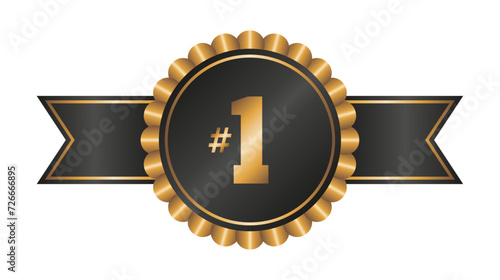 Gold and black medal badge with ribbon and number 1. Vector and PNG on transparent background.