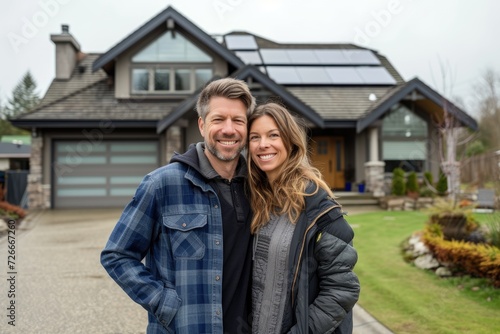 Outside a big house with couple grinning. Generative Ai.