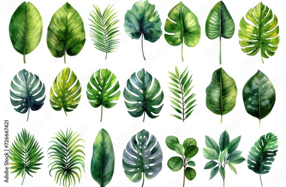 Fototapeta premium Watercolor Collection of green leaves, a white Background