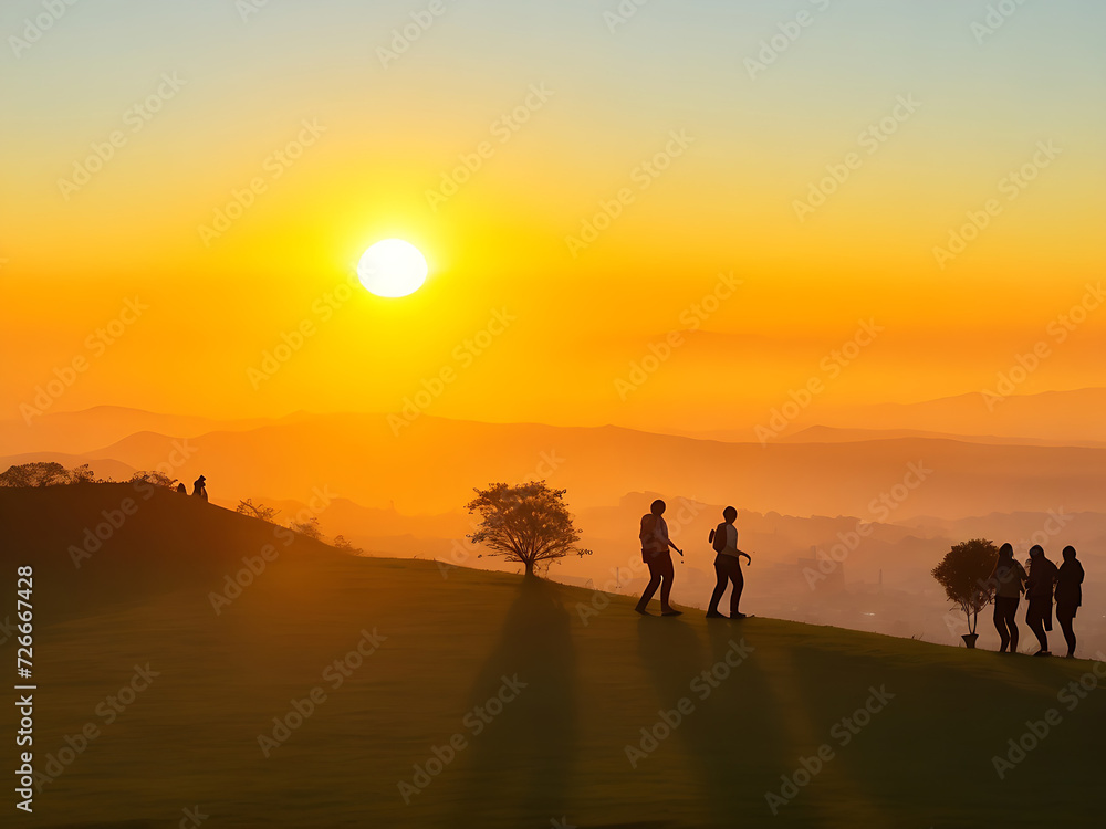 Tourists go up the hill in the sunrise Generative Ai Tourists go up the hill in the sunrise Generative Ai
