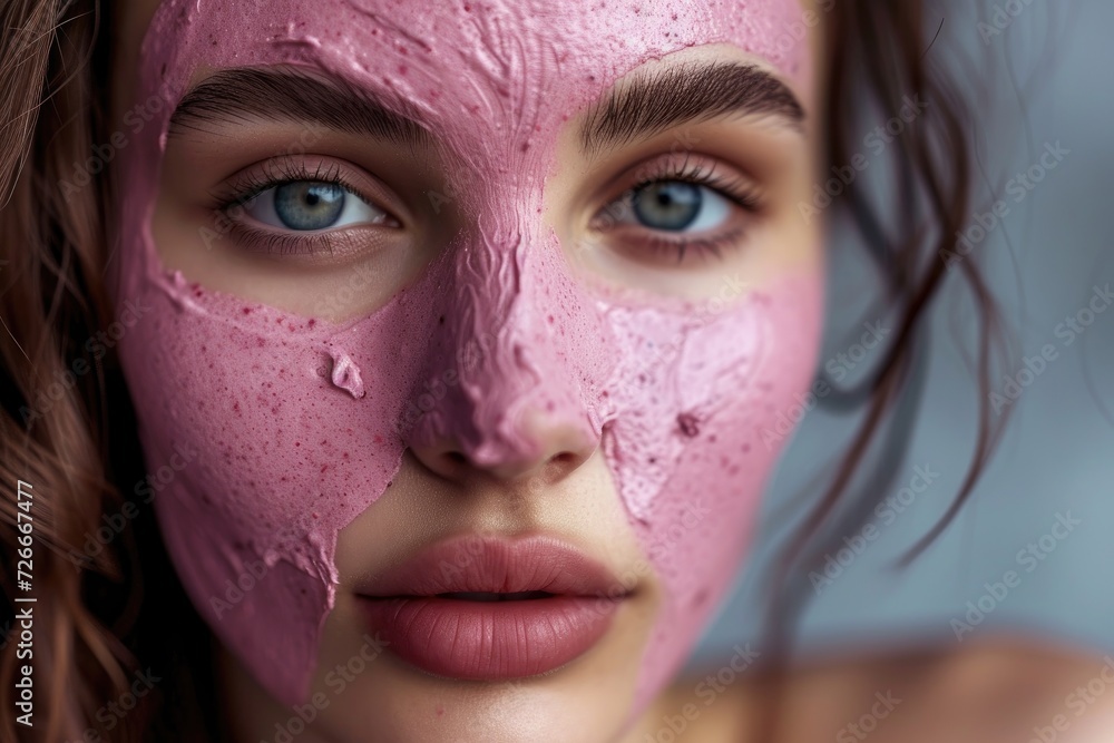 beautiful girl close-up with a pink cosmetic mask on her face. facial skin care. cosmetology