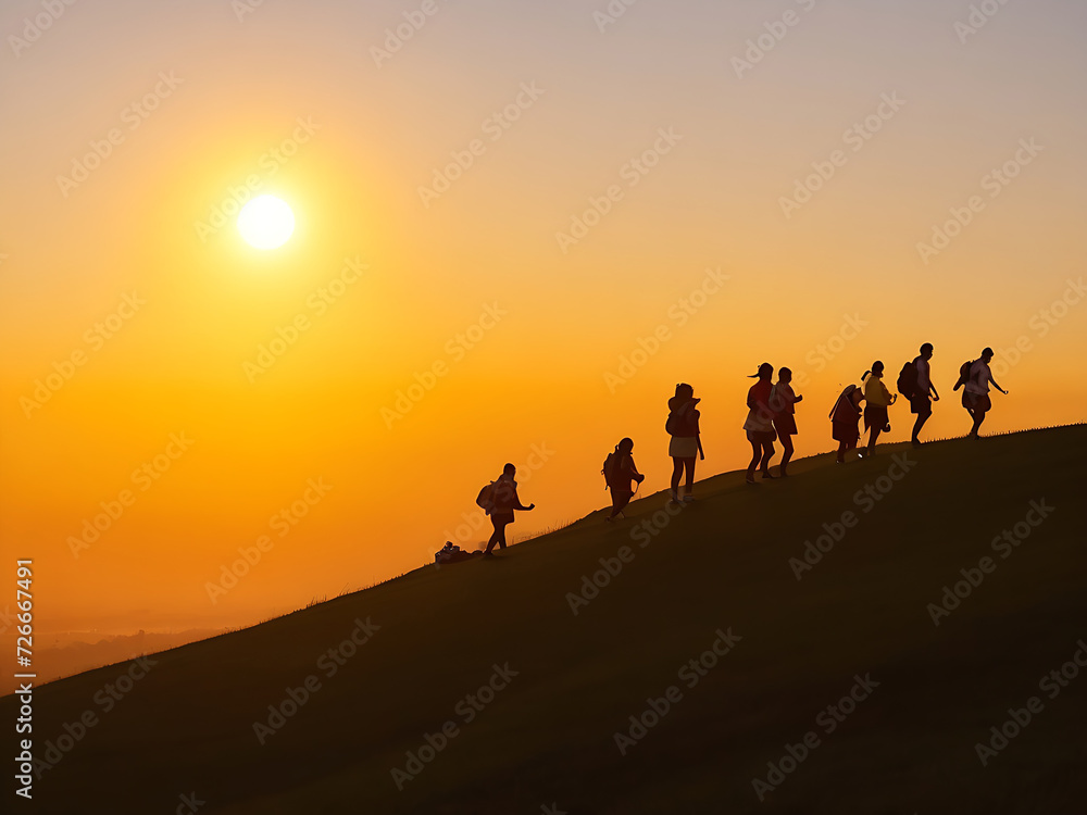 Tourists go up the hill in the sunrise Generative Ai Tourists go up the hill in the sunrise Generative Ai