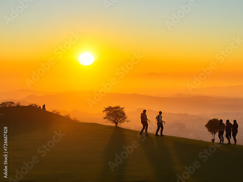 Tourists go up the hill in the sunrise Generative Ai