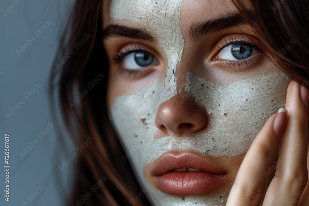 beautiful girl close-up with a gray clay cosmetic mask on her face. facial skin care. cosmetology