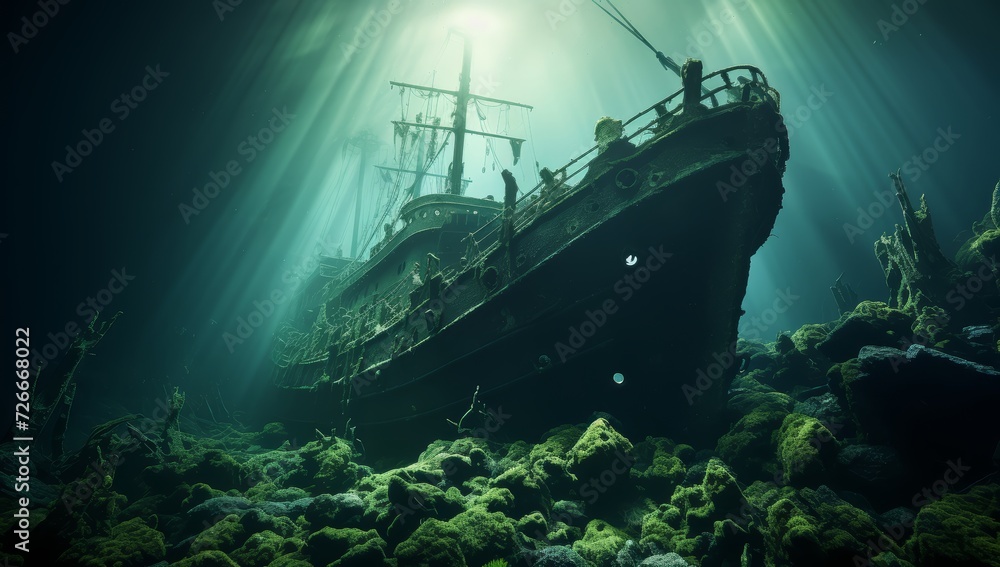 Wreck of an old ship sits under the water