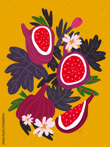 Figs On Yellow Background, Botanical Illustration
