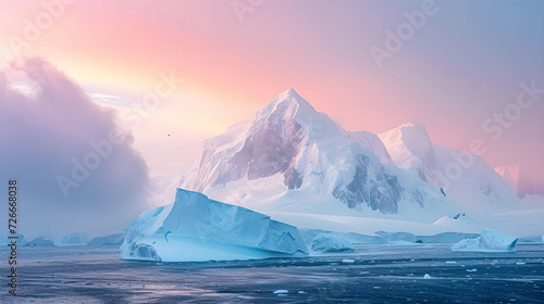 Beautiful Blue Icebergs With Soft Pink Sunset 