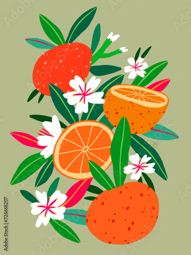 Oranges With Flowers, Oranges On Green Background