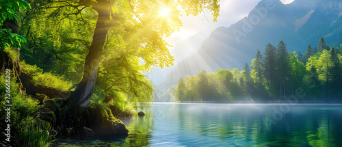 Perfect spring scene and morning meadow near the river with trees on the shore. Photo wallpaper.