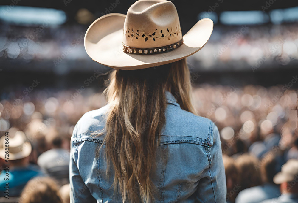 Country Music Enthusiast: Young American Woman Attending a Vibrant Country Music Concert in a Stylish Cowboy Hat – Embracing the Melodies with Ample Copy Space