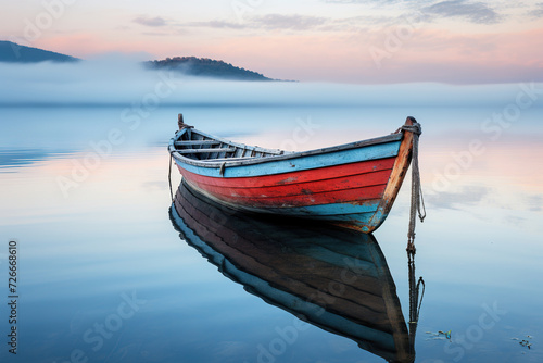 Old wooden boat in calm water in the fog. Reflection of a boat on the water. Generated by artificial intelligence