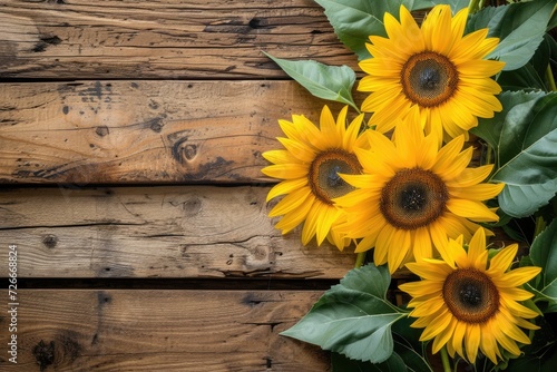 sunflowers on rustic wooden background many wooden slats
