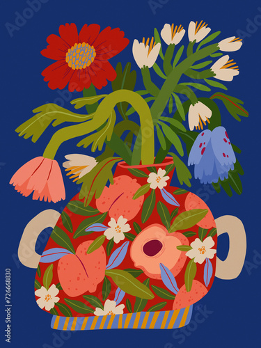 Peach Vase, Illustration Of A Vase With Flowers On Blue Background