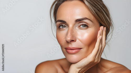 Beautiful 50s mid aged woman looking at camera isolated on white. Mature old lady close up portrait. Healthy face skin care beauty, middle age skincare cosmetics, cosmetology concept