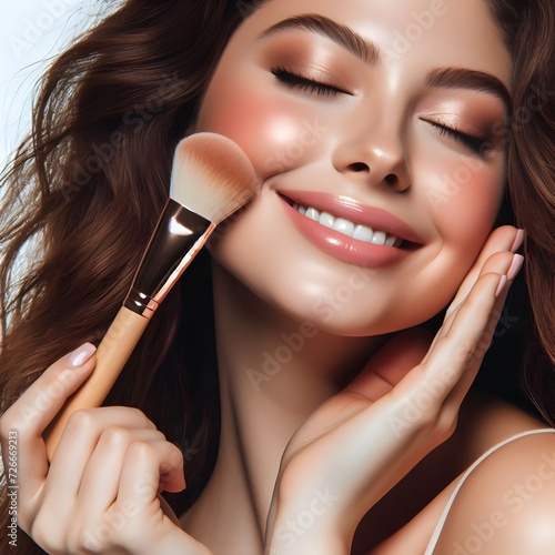 Humor: Heavily made up woman smiling while overdoing her bronzer with a makeup brush photo