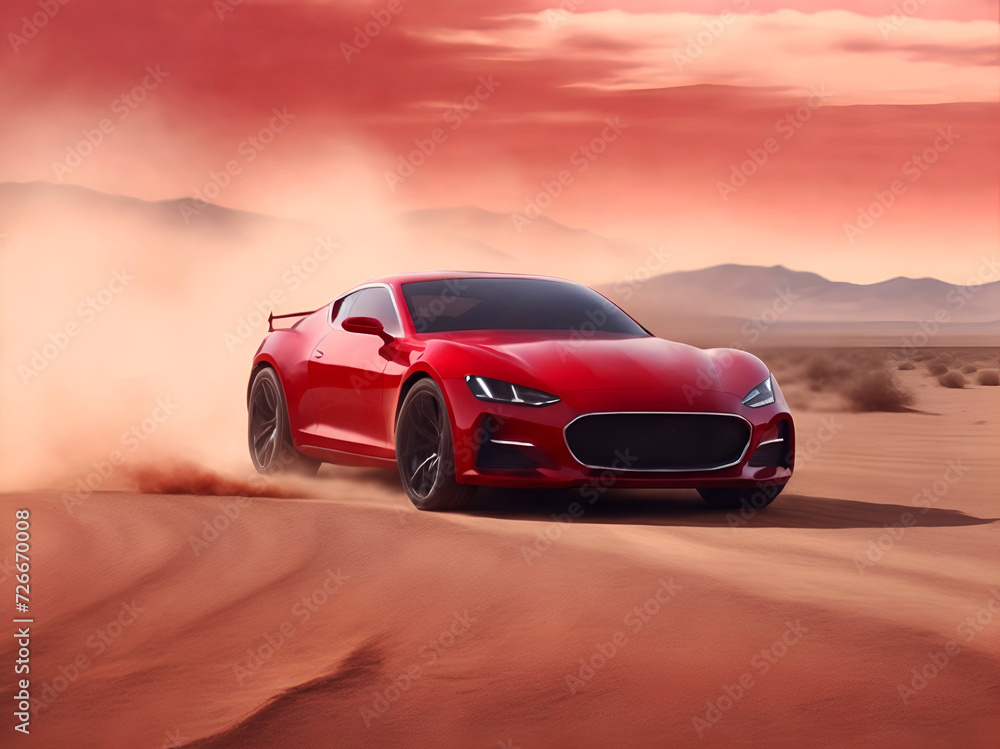 High-speed supercar on a dusty desert road. Red racing sports car racing through arid terrain