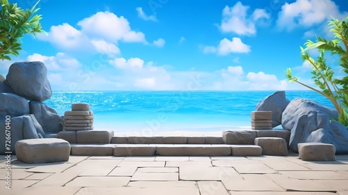 3D background. Stone Stage in nature with sea sand Beach beach Landscape and nature blue sky Montage background. generative ai