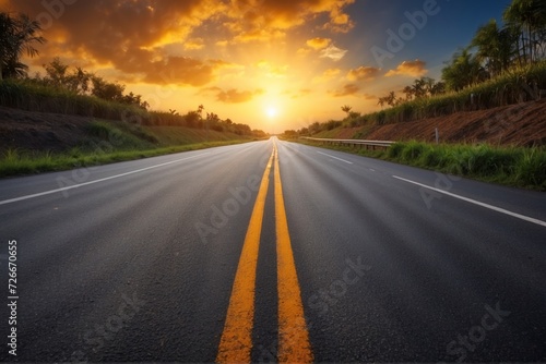 Beautiful sun rising sky with asphalt highways road in rural scene use land transport and traveling background,backdrop