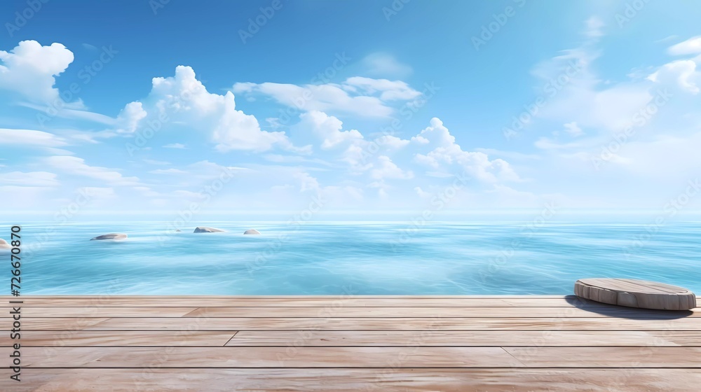 3D background. Wooden table over blurred blue sea and white sand beach background. generative ai 3D background. Wooden table over blurred blue sea and white sand beach background. generative ai