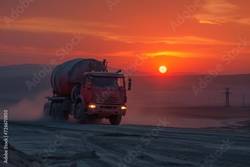 Cement truck machinery at dusk. Generative Ai.