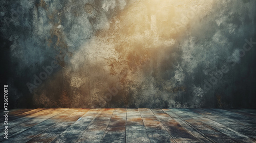 Mystical cement loft style with Clouds and Fog, Illuminated by the sunlight, Creating a Grunge Texture in a Dark Room with Walls and Floors photo