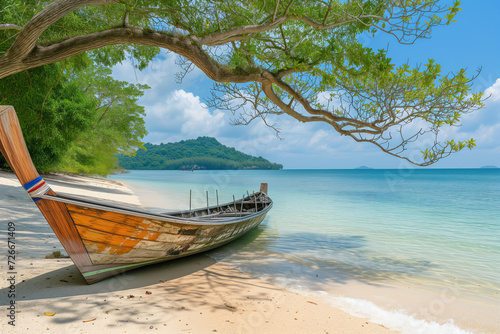 At shores of ocean, traditional long-tail wooden boat is seen in tropical seascape AI Generative