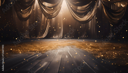 Golden confetti falls on festive stage ,hanging curtains in the background, lit by a central beam of light from the top, wooden floor, mockup for events like award ceremonies or product presentations