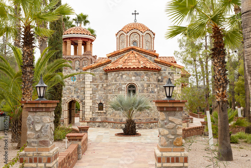 Byzantine architecture. The Chapel of St. Nicholas at St Antony Greek Orthodox Monastery in Florence, Arizona, USA Spirituality and Faith. Orthodox Christian Church in Desert. Horizontal Plane