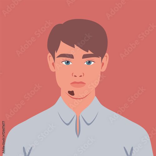 Beautiful young man with a birthmark on his face. Rare appearance. Portrait or an avatar. Vector illustration