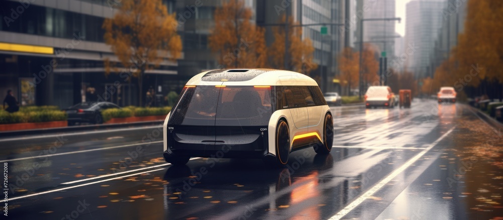 Futuristic Self-Driving Van Moving on a Public