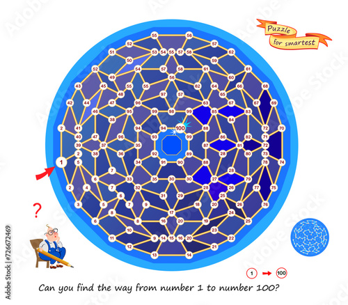 Best labyrinths. Can you find the way from number 1 to number 100? Logic puzzle game. Brain teaser book with maze. Learning to count. Kids activity sheet. Educational page for children. Vector image