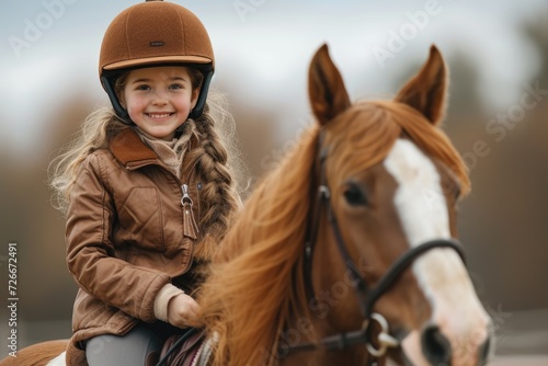 A happy little girl riding a horse. Generative Ai. © Planum