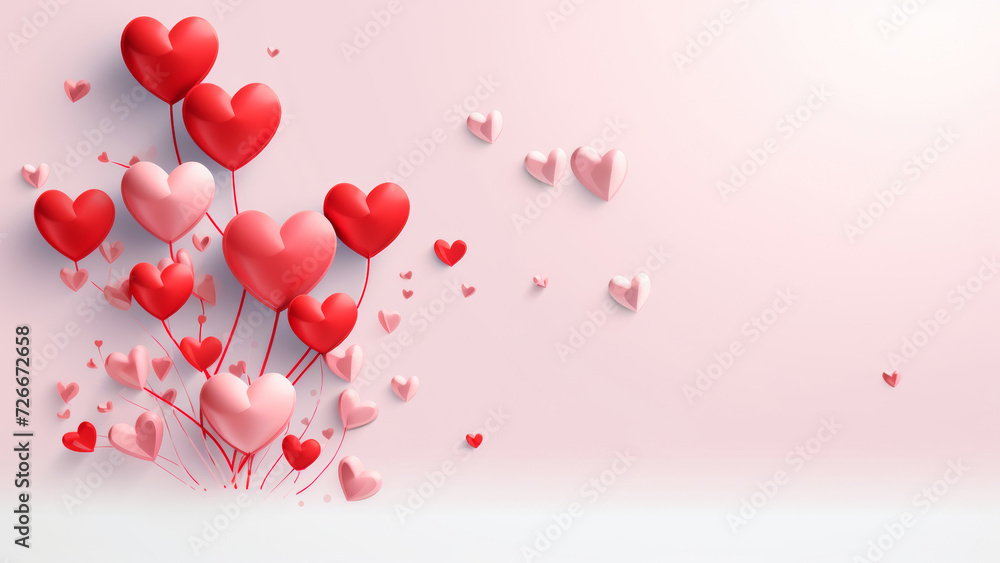 Bunch of red and pink balloon heart 3d shapes flying in left corner on light background. Romantic love greeting card banner with empty copy space for text
